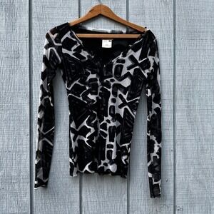 VTG Y2K Fuzzi Mesh Top Long Sleeve V Neck Abstract Print Sheer Italian Designer